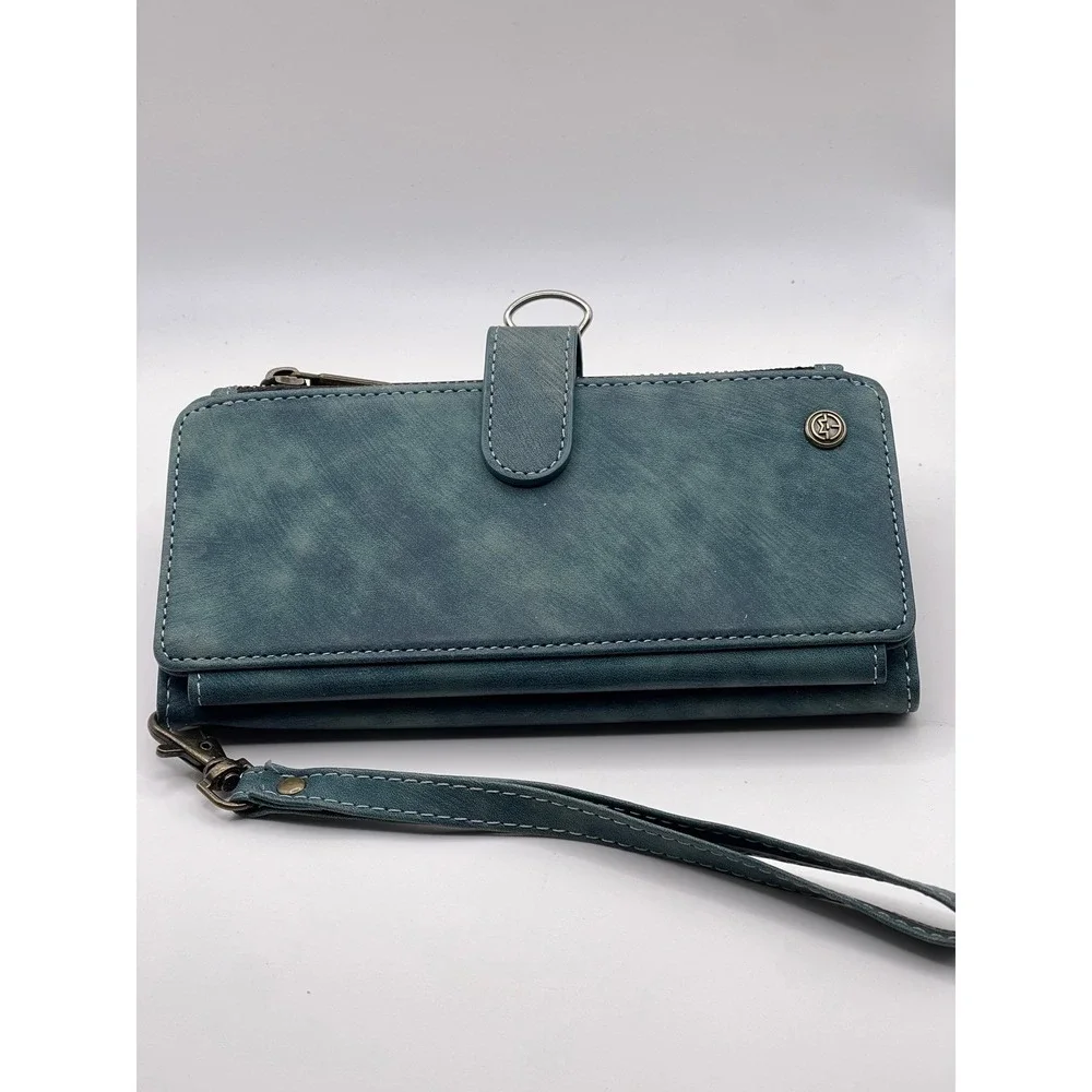 CaseMe Blue Vintage Leather Wallet Phone Case Zipper Card Holder Wristlet Strap